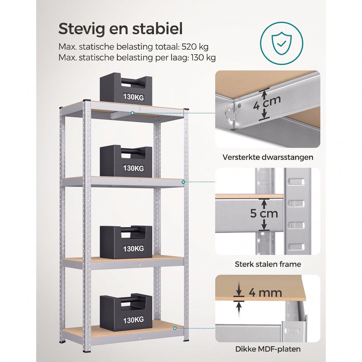 Zwaar Metalen Opbergrek met 4 Verstelbare Planken, 40 x 80 x 160 cm