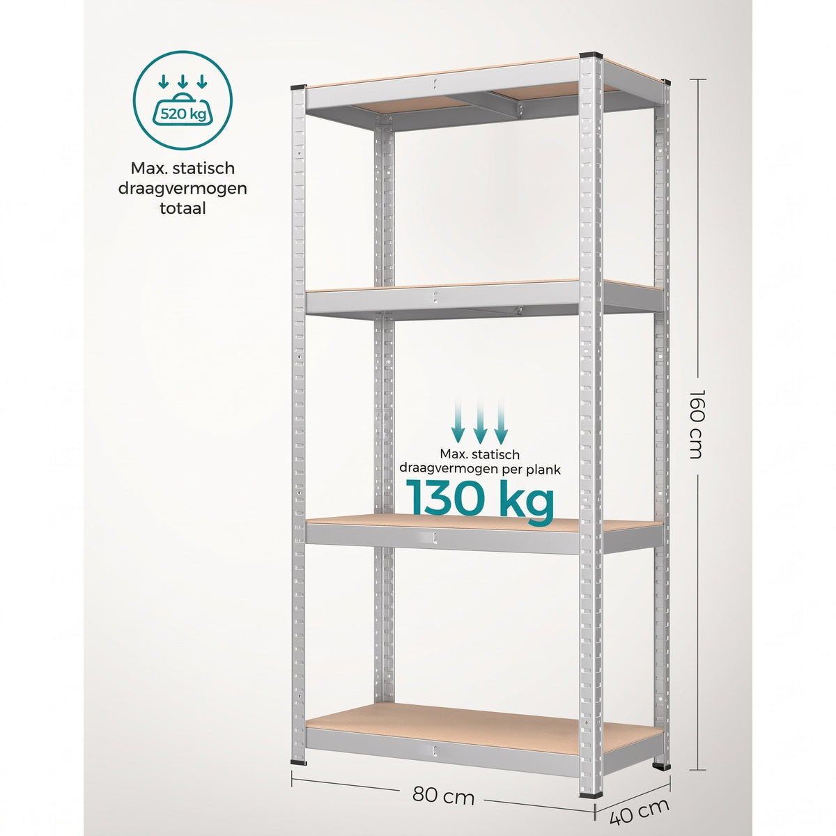 Zwaar Metalen Opbergrek met 4 Verstelbare Planken, 40 x 80 x 160 cm
