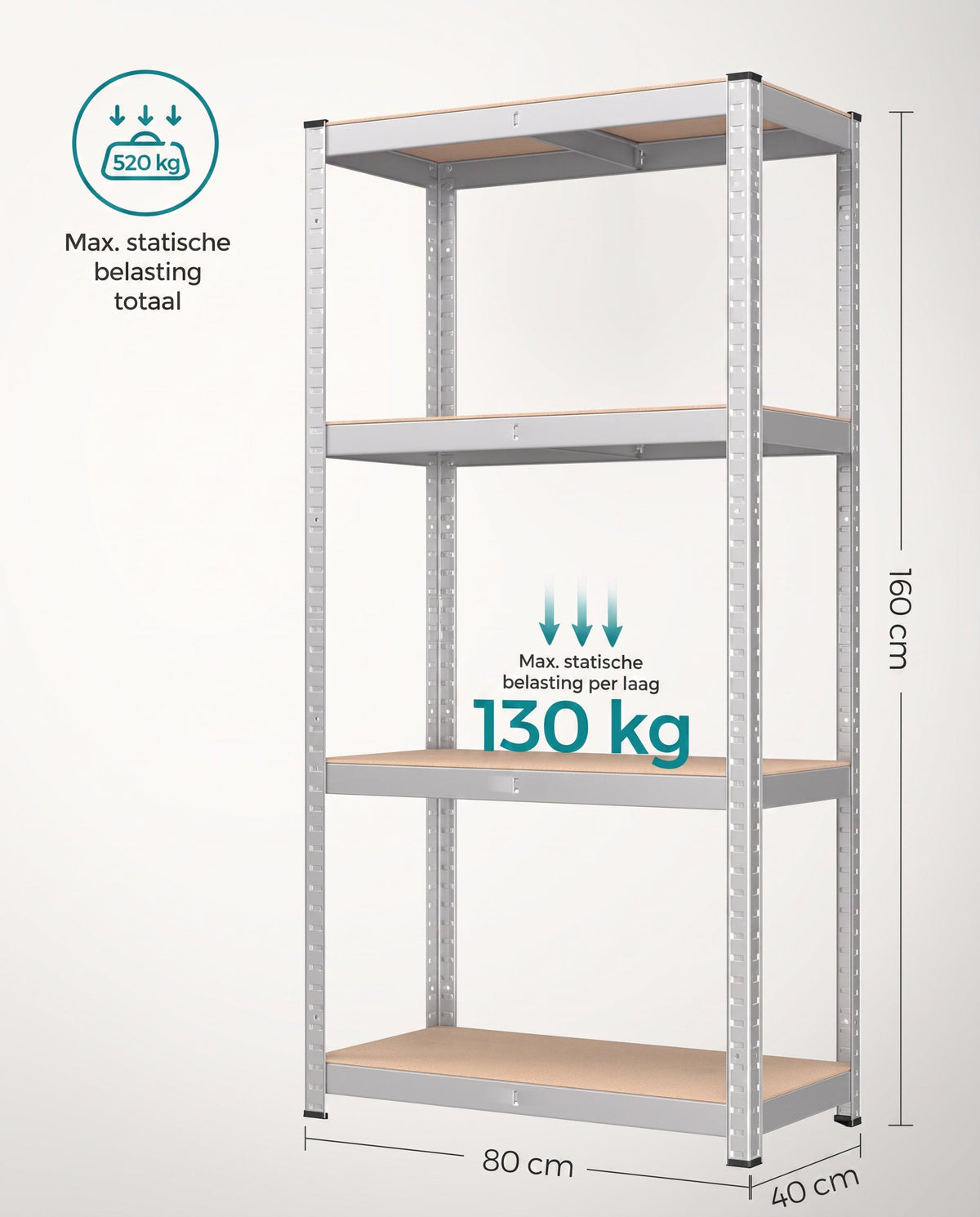 Zwaar Metalen Opbergrek met 4 Verstelbare Planken, 40 x 80 x 160 cm