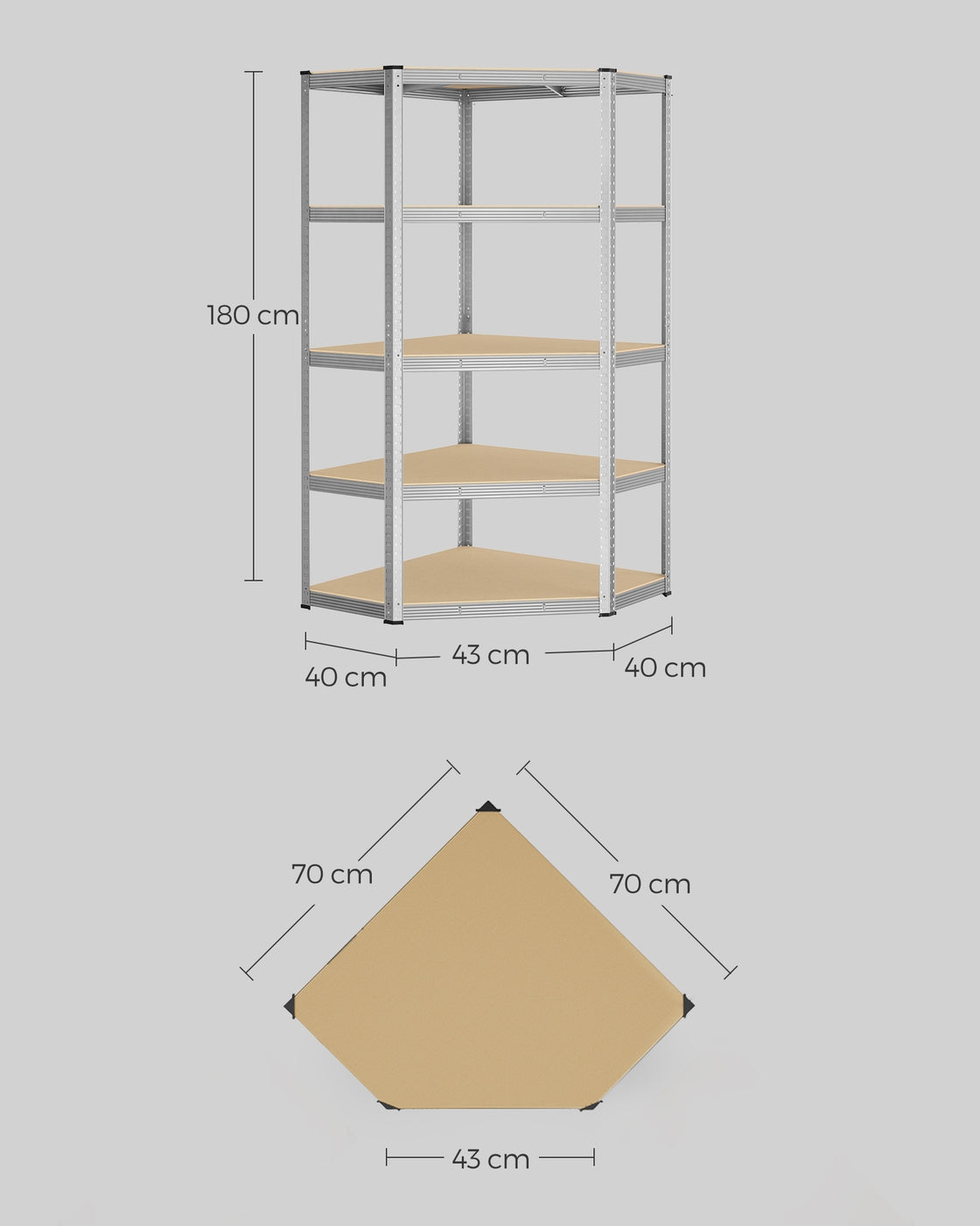 Metalen Hoekstelling met 5 Verstelbare Planken, 70 x 70 x 180 cm