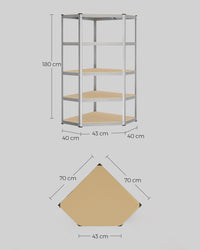 Metalen Hoekstelling met 5 Verstelbare Planken, 70 x 70 x 180 cm