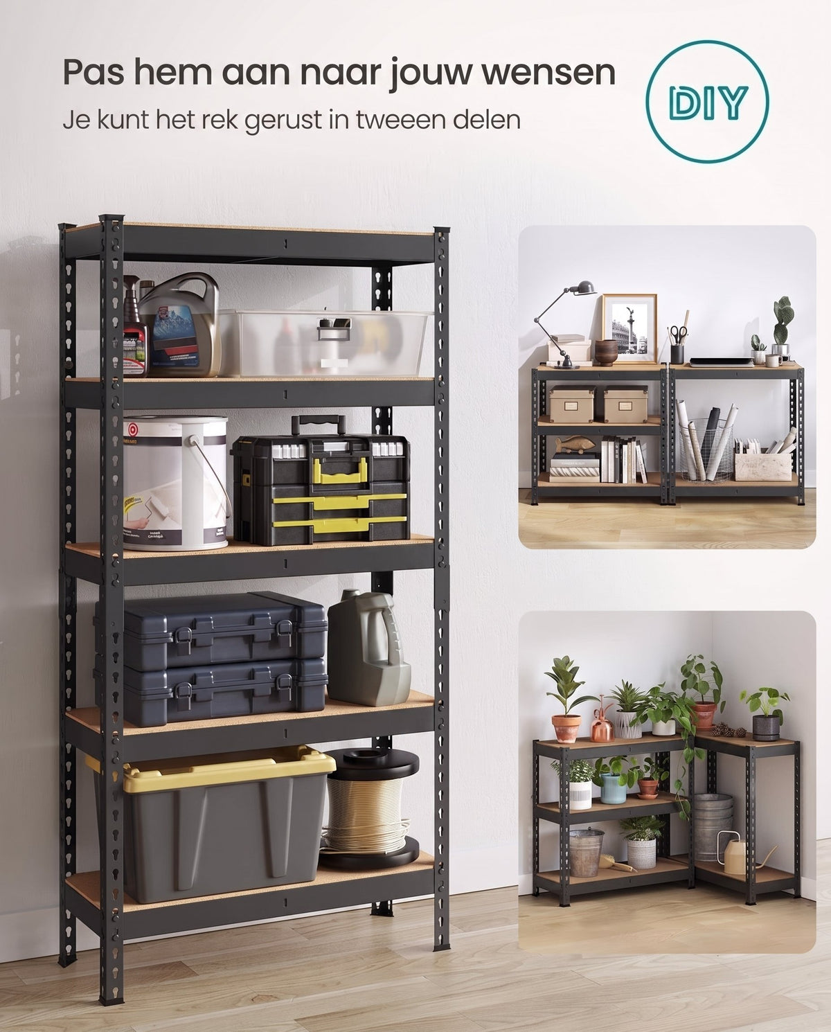 Zware Stellingkast met 5 Verstelbare Planken en Kliksysteem