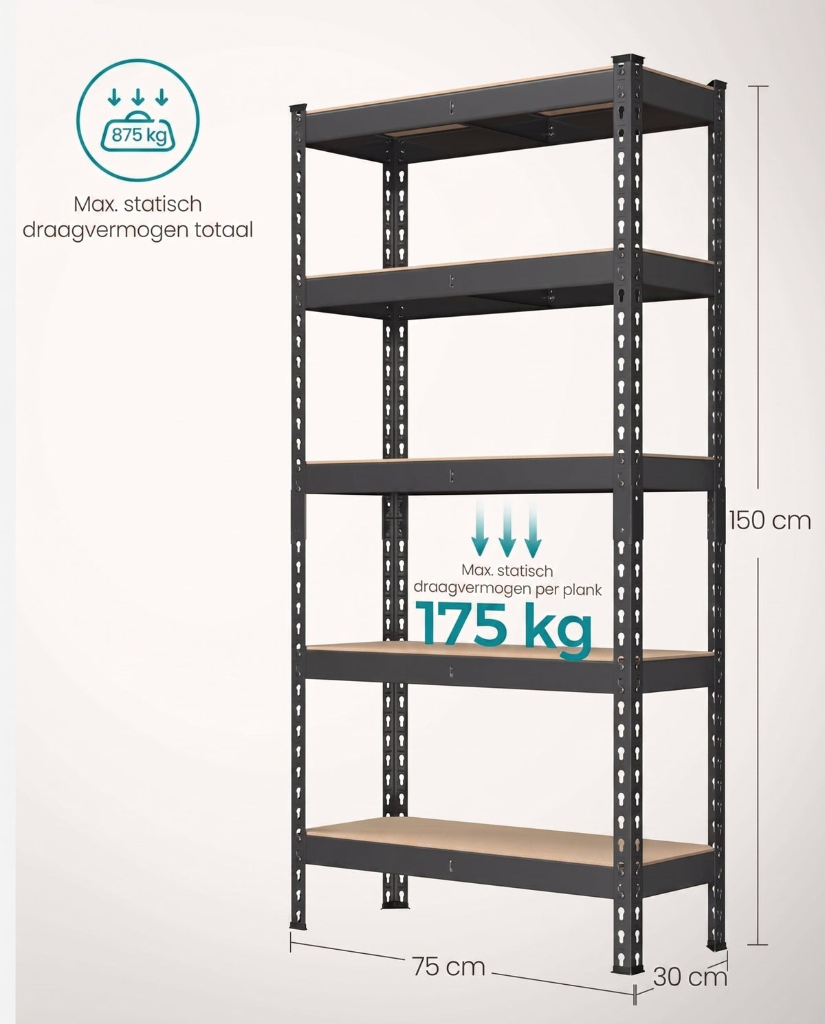 Zware Stellingkast met 5 Verstelbare Planken en Kliksysteem