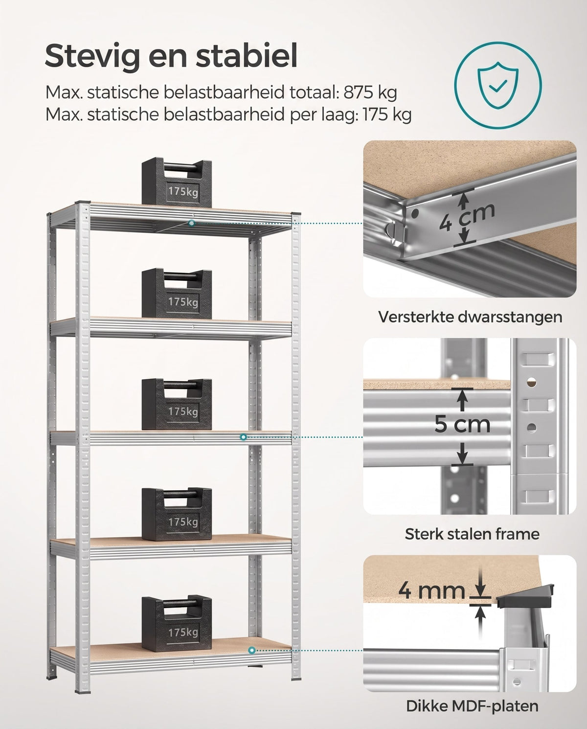 Zwaar Metalen Opbergrek met 5 Verstelbare Planken, 90 x 180 x 40 cm