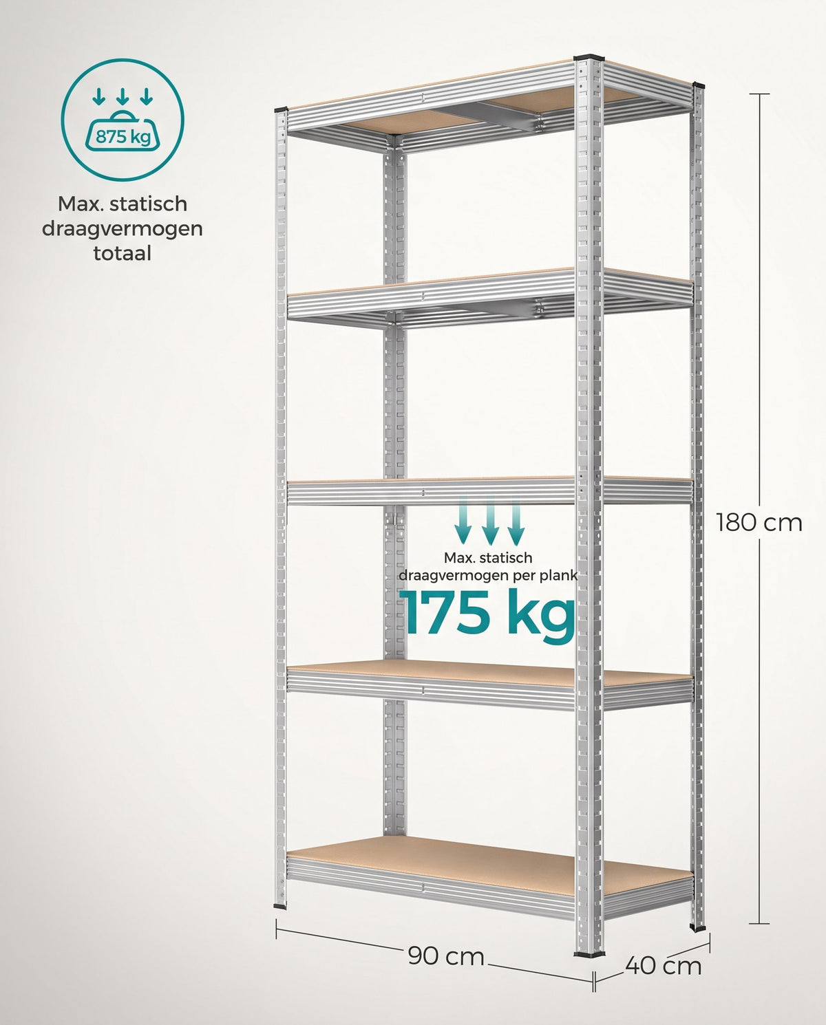 Zwaar Metalen Opbergrek met 5 Verstelbare Planken, 90 x 180 x 40 cm