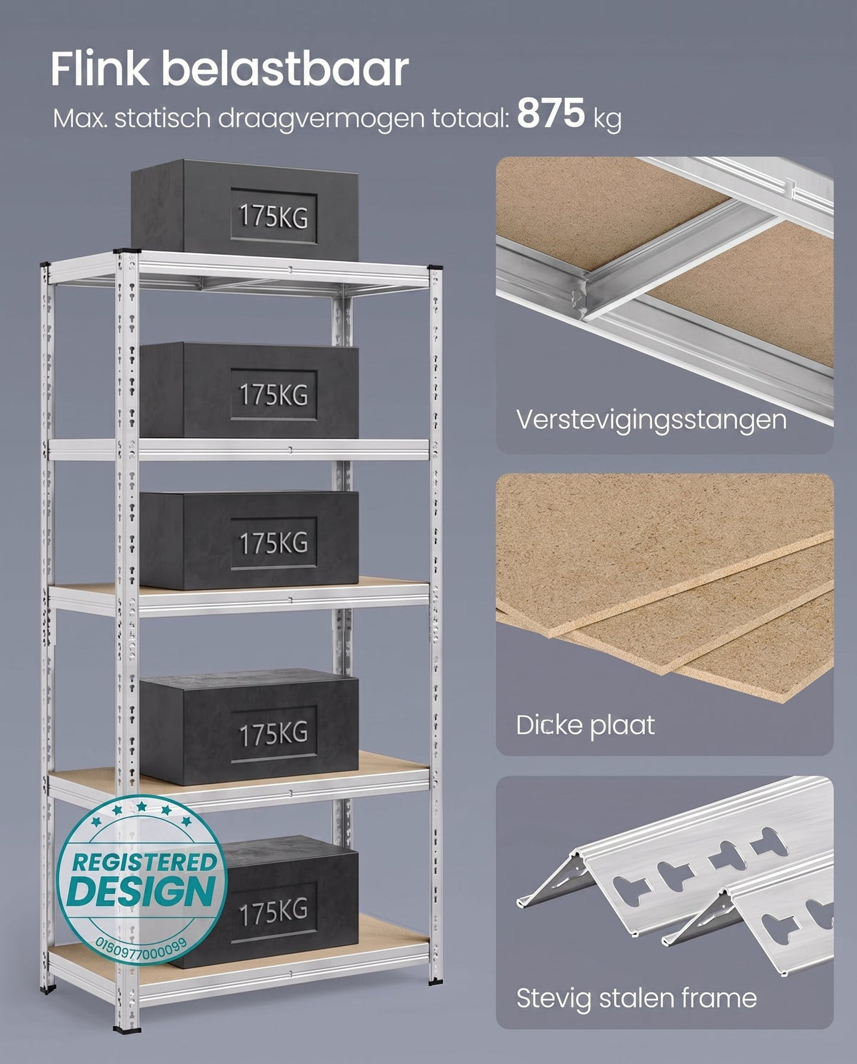 Zware Stellingkast met Verstelbare Planken en Kliksysteem, Set van 1 of 2