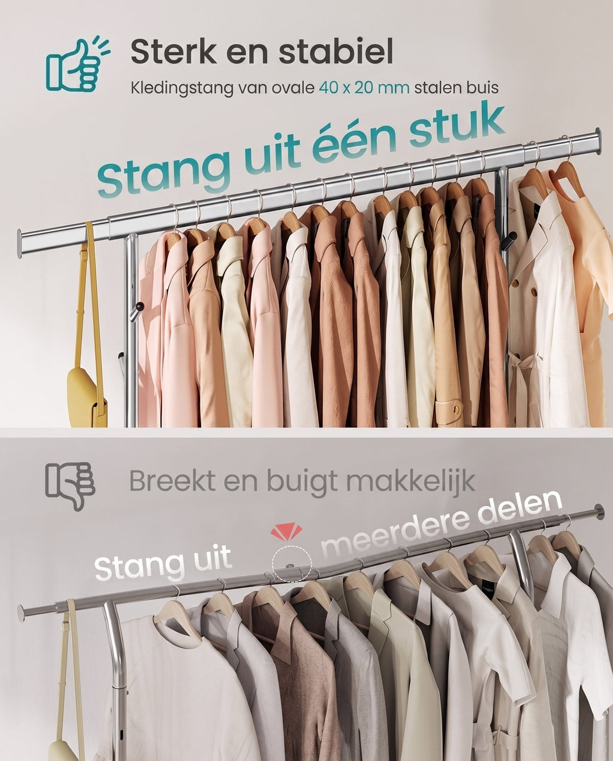 Kledingrek op Wielen met Uitschuifbare Stang, Verstelbare Hoogte en Plank