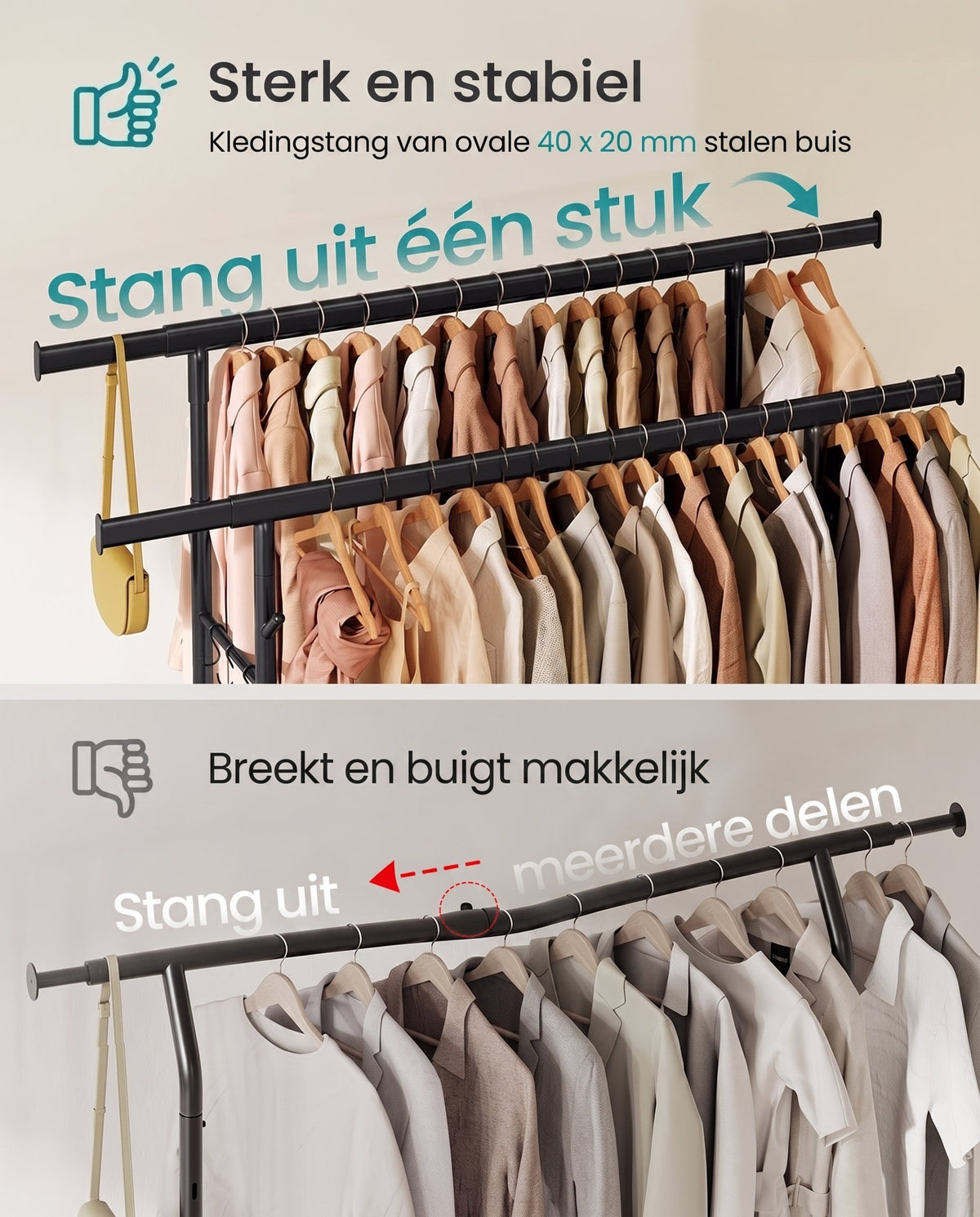Kledingrek op Wielen met Uitschuifbare Stang, Verstelbare Hoogte en Plank