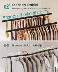 Kledingrek op Wielen met Uitschuifbare Stang, Verstelbare Hoogte en Plank