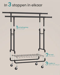 Kledingrek op Wielen met Uitschuifbare Stang, Verstelbare Hoogte en Plank