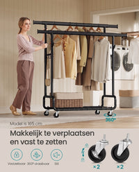 Kledingrek op Wielen met Uitschuifbare Stang, Verstelbare Hoogte en Plank