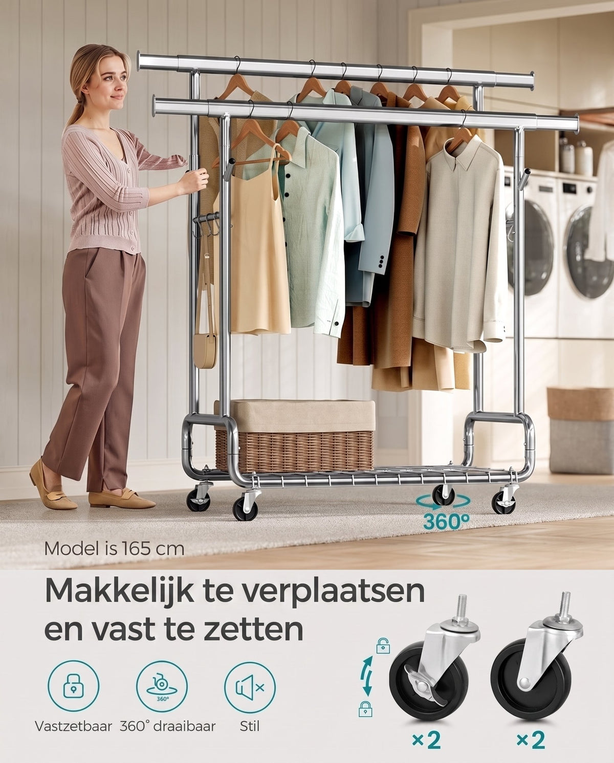 Kledingrek op Wielen met Uitschuifbare Stang, Verstelbare Hoogte en Plank