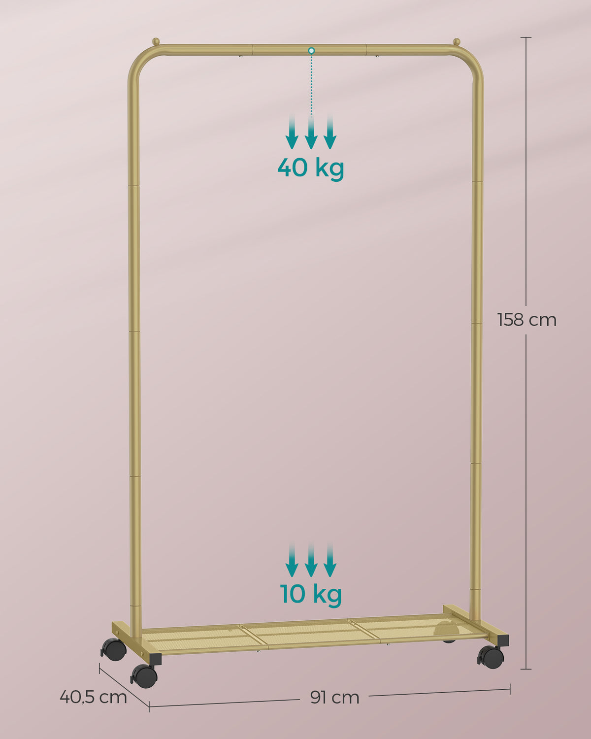 Kledingrek op Wielen met Roosterplank, 40,5 x 91 x 158 cm