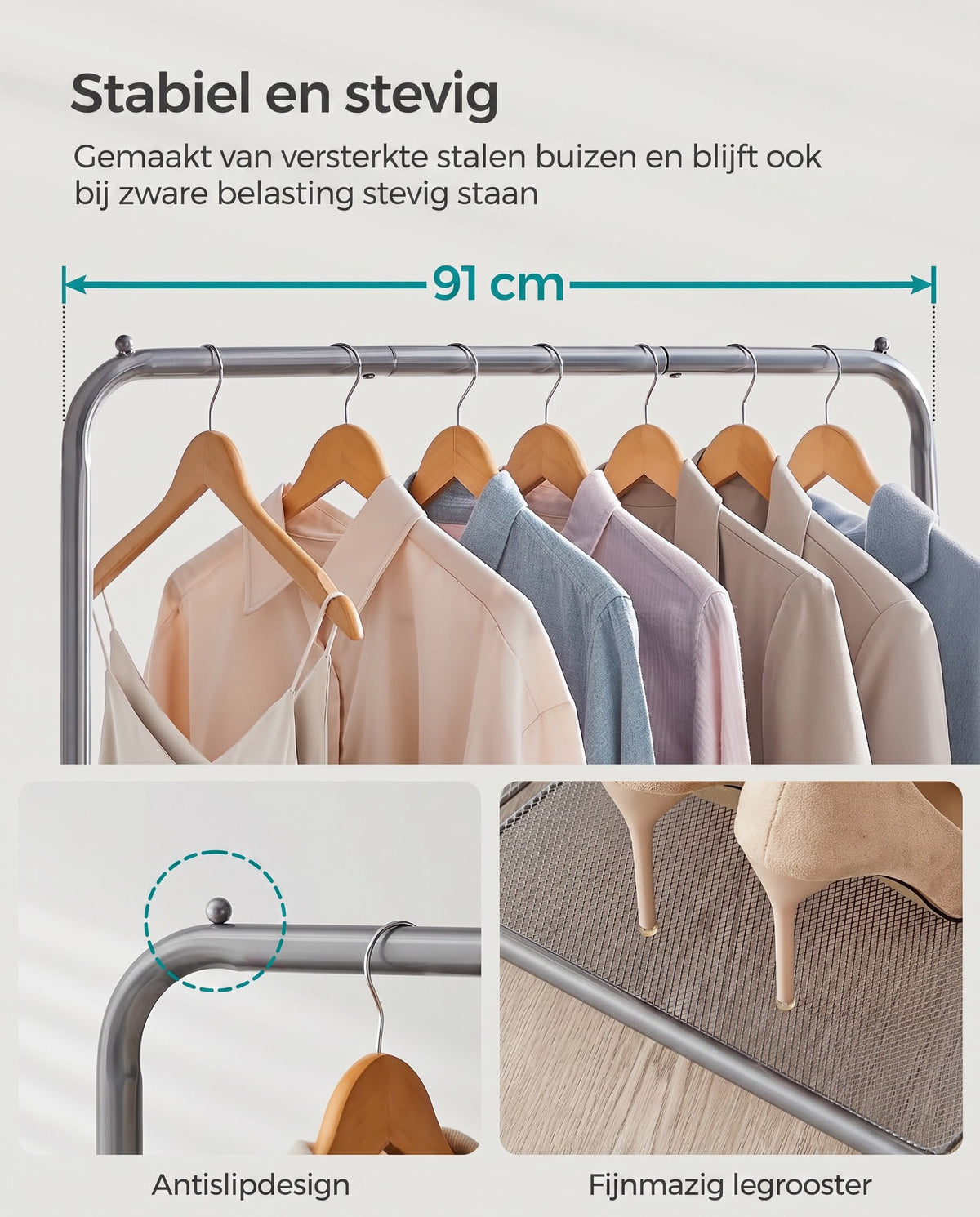 Kledingrek op Wielen met Roosterplank, 40,5 x 91 x 158 cm