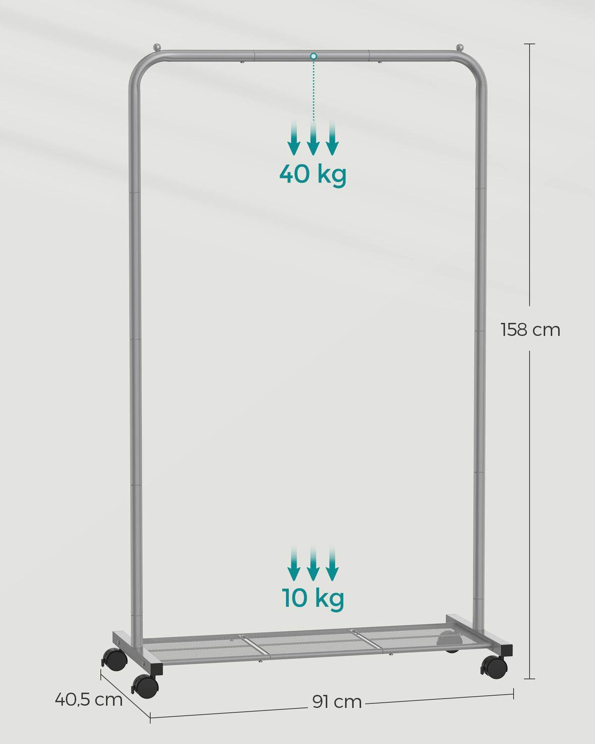Kledingrek op Wielen met Roosterplank, 40,5 x 91 x 158 cm