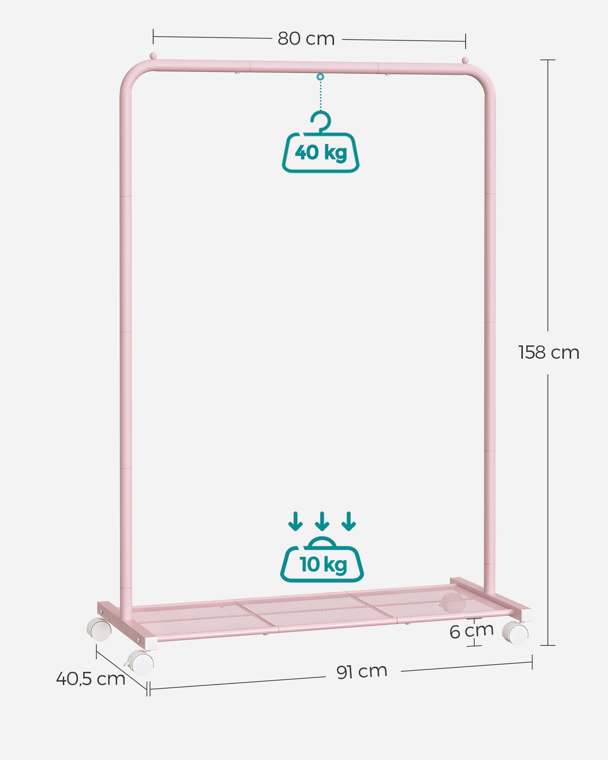 Kledingrek op Wielen met Roosterplank, 40,5 x 91 x 158 cm