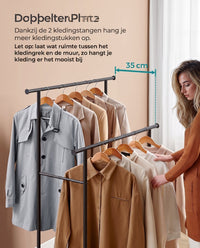 Kledingrek op Wielen met 2 Stangen en Plank, 98,5 cm Breed