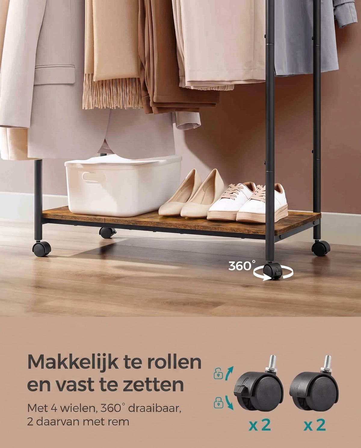 Kledingrek op Wielen met 2 Stangen en Plank, 98,5 cm Breed