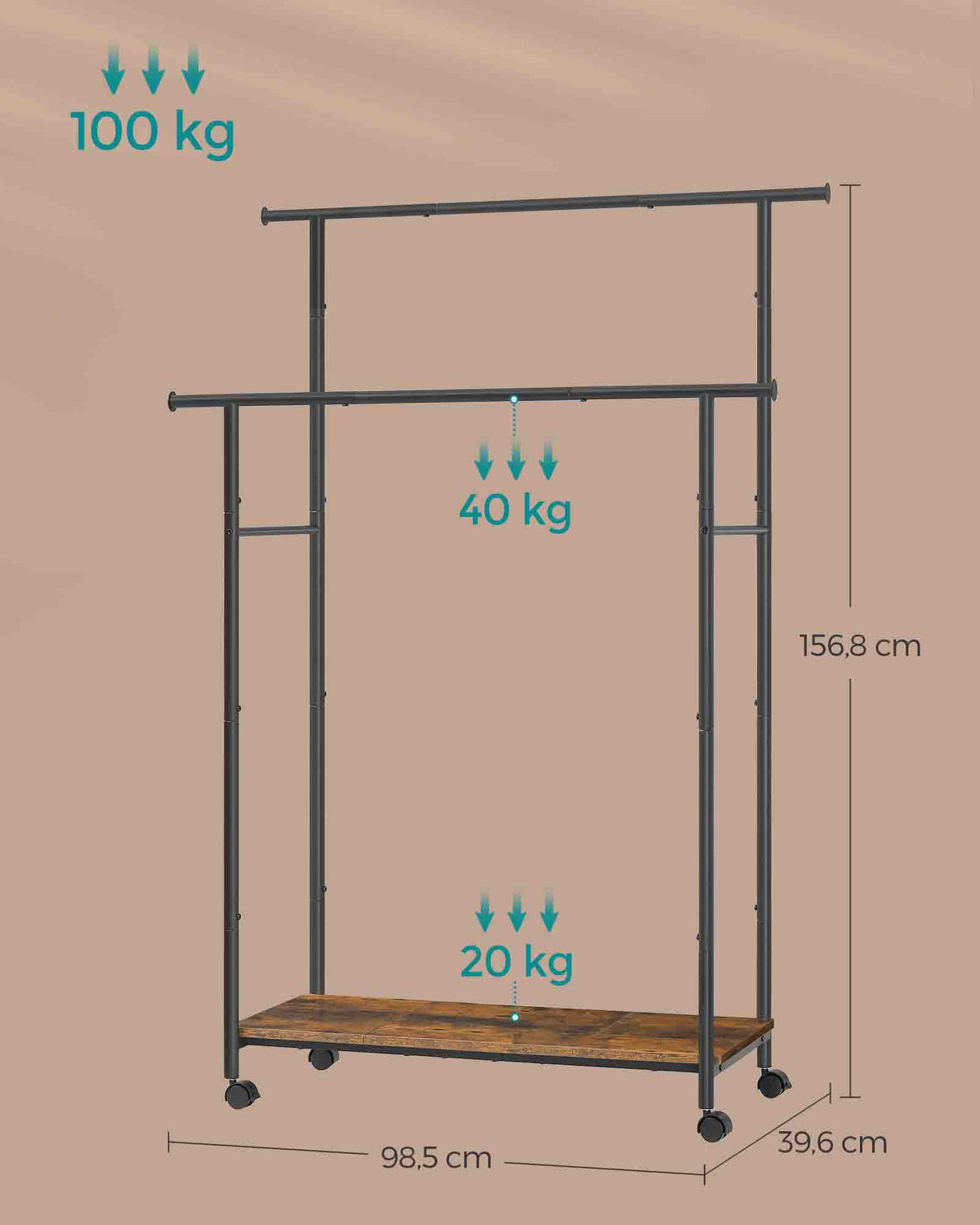 Kledingrek op Wielen met 2 Stangen en Plank, 98,5 cm Breed