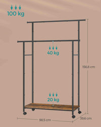 Kledingrek op Wielen met 2 Stangen en Plank, 98,5 cm Breed