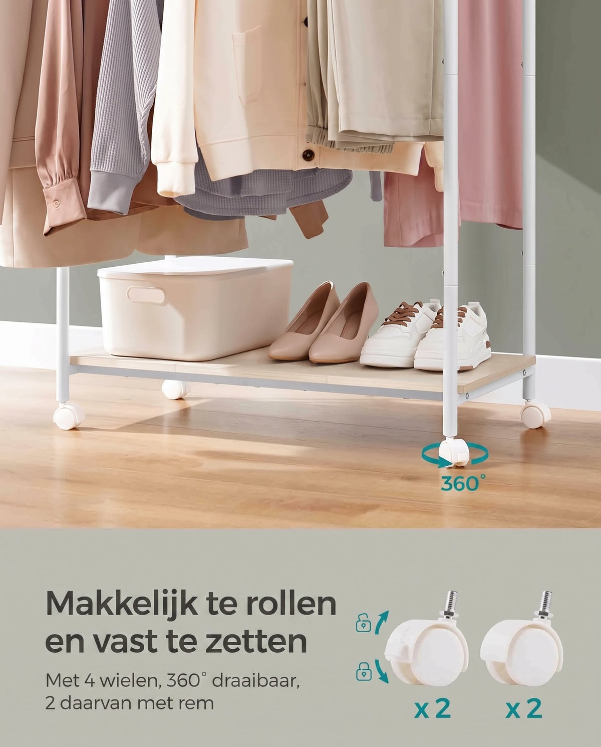Kledingrek op Wielen met 2 Stangen en Plank, 98,5 cm Breed