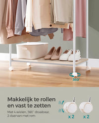 Kledingrek op Wielen met 2 Stangen en Plank, 98,5 cm Breed
