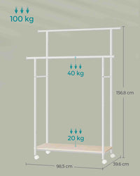 Kledingrek op Wielen met 2 Stangen en Plank, 98,5 cm Breed