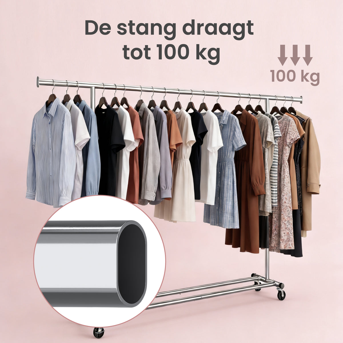 Kledingrek op Wielen met Uitschuifbare Kledingroede, Montage zonder Gereedschap