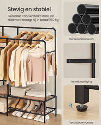Kledingrek met 2 Kledingstangen en 7 Planken, Metalen Frame, Zwart