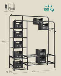 Kledingrek met 2 Kledingstangen en 7 Planken, Metalen Frame, Zwart