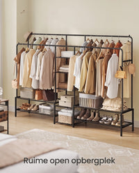 Kledingrek met 2 Kledingstangen en 7 Planken, Metalen Frame, Zwart