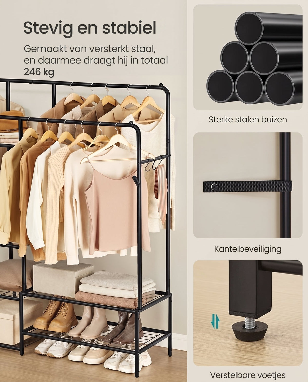 Kledingrek met 2 Kledingstangen en 7 Planken, Metalen Frame, Zwart