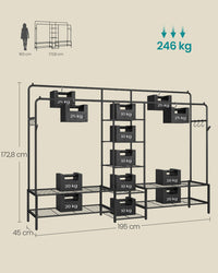Kledingrek met 2 Kledingstangen en 7 Planken, Metalen Frame, Zwart