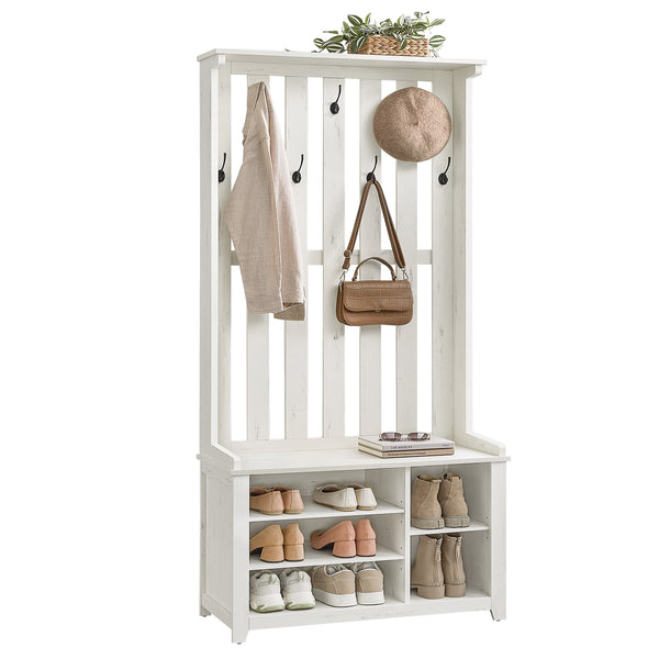 Kapstok met Schoenenbank, Opbergplank en 7 Dubbele Haken, 81 x 180 cm, Wit