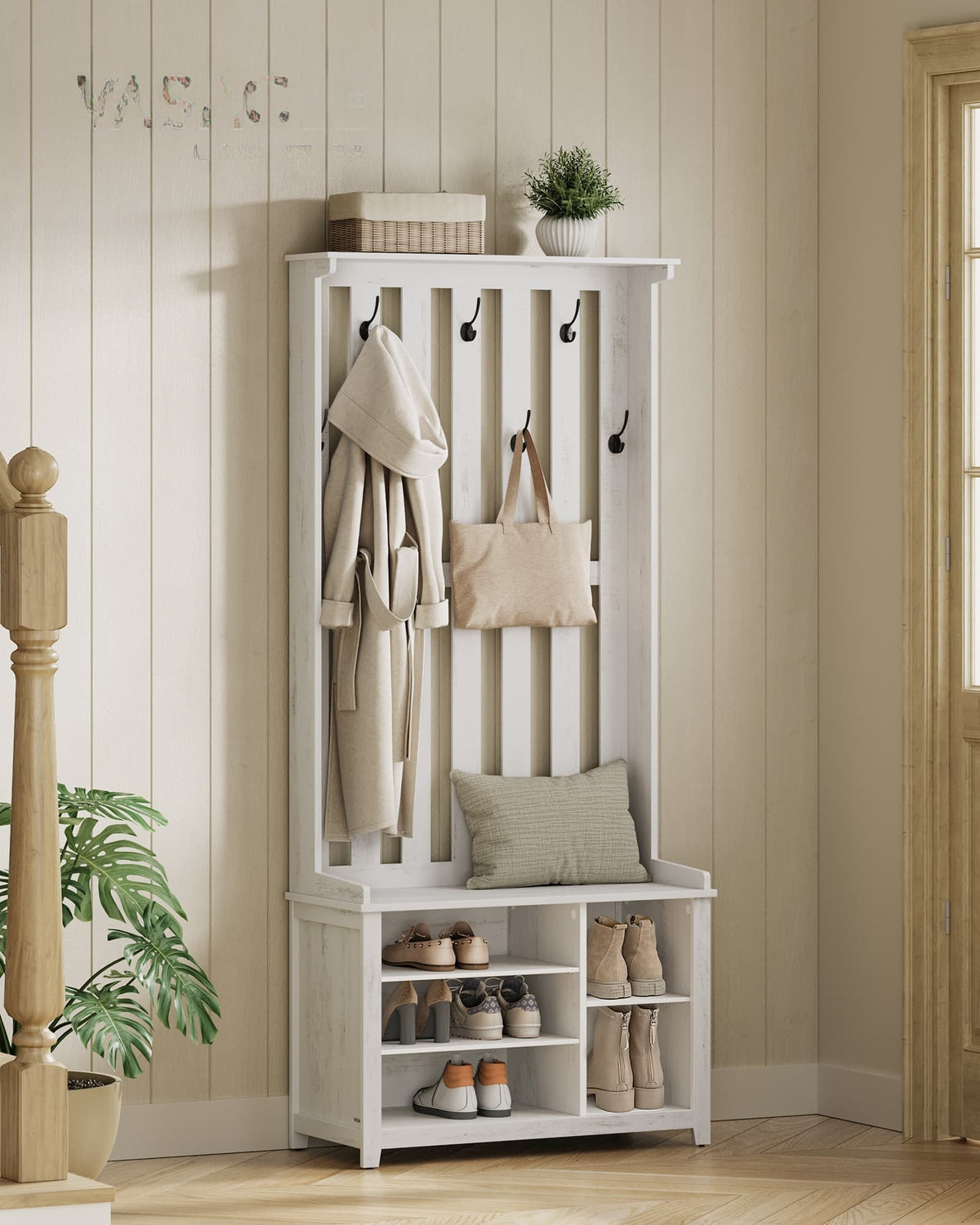 Kapstok met Schoenenbank, Opbergplank en 7 Dubbele Haken, 81 x 180 cm, Wit