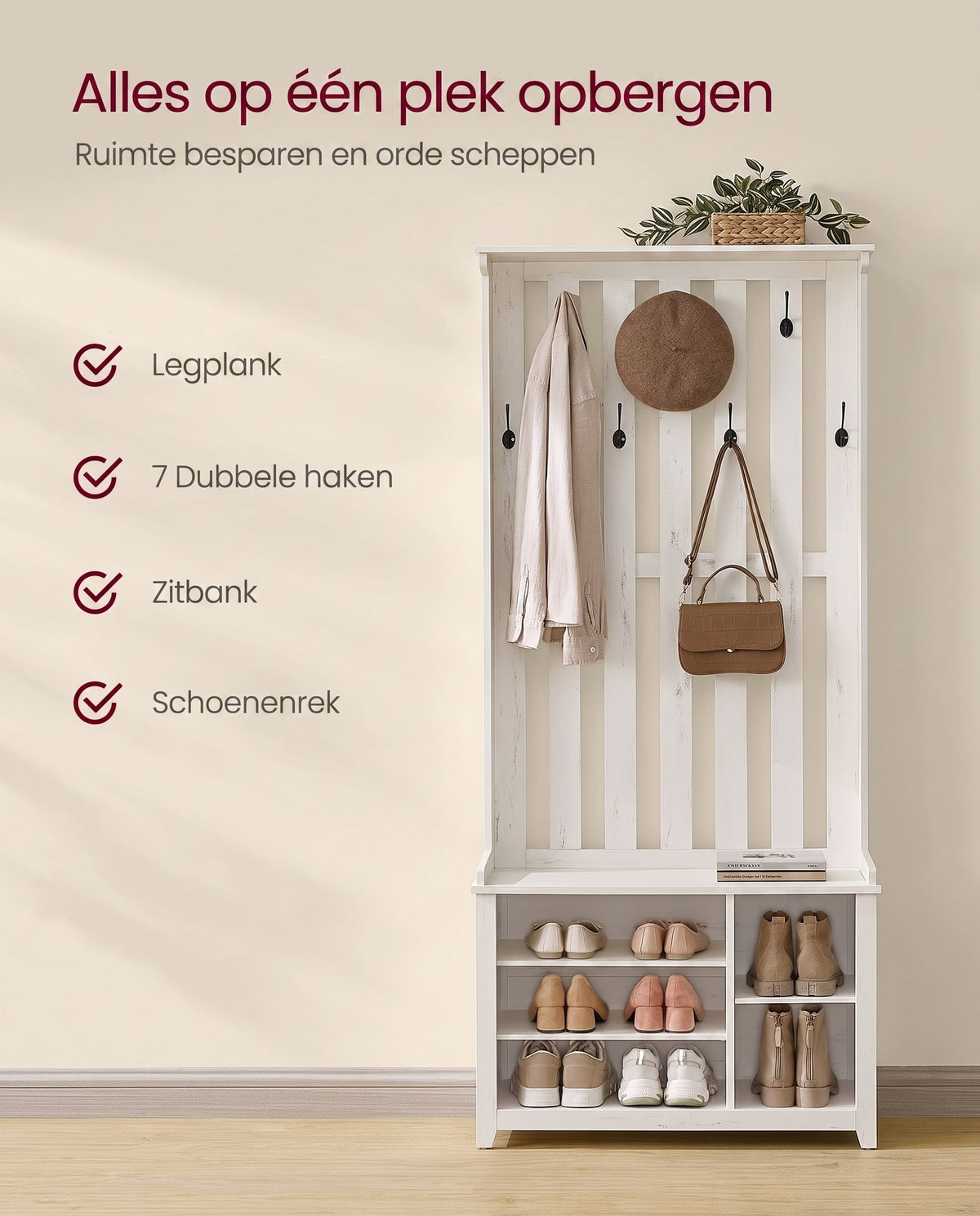 Kapstok met Schoenenbank, Opbergplank en 7 Dubbele Haken, 81 x 180 cm, Wit