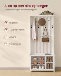 Kapstok met Schoenenbank, Opbergplank en 7 Dubbele Haken, 81 x 180 cm, Wit