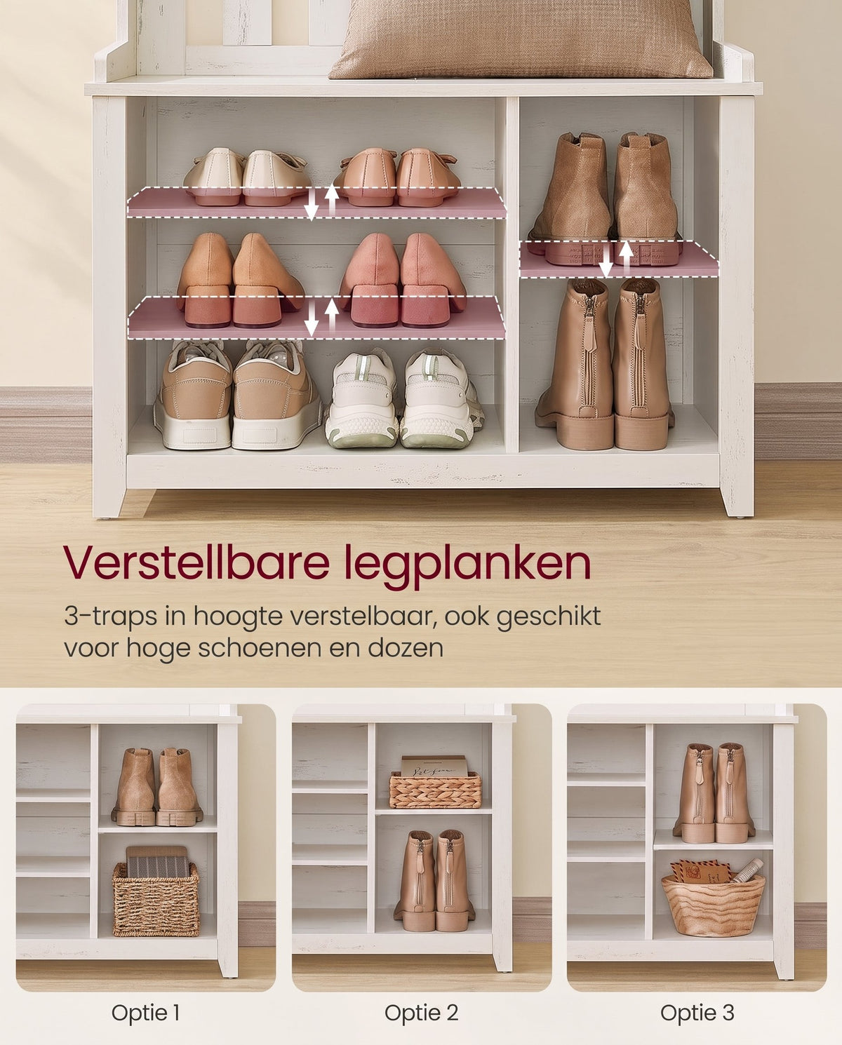 Kapstok met Schoenenbank, Opbergplank en 7 Dubbele Haken, 81 x 180 cm, Wit