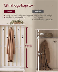 Kapstok met Schoenenbank, Opbergplank en 7 Dubbele Haken, 81 x 180 cm, Wit