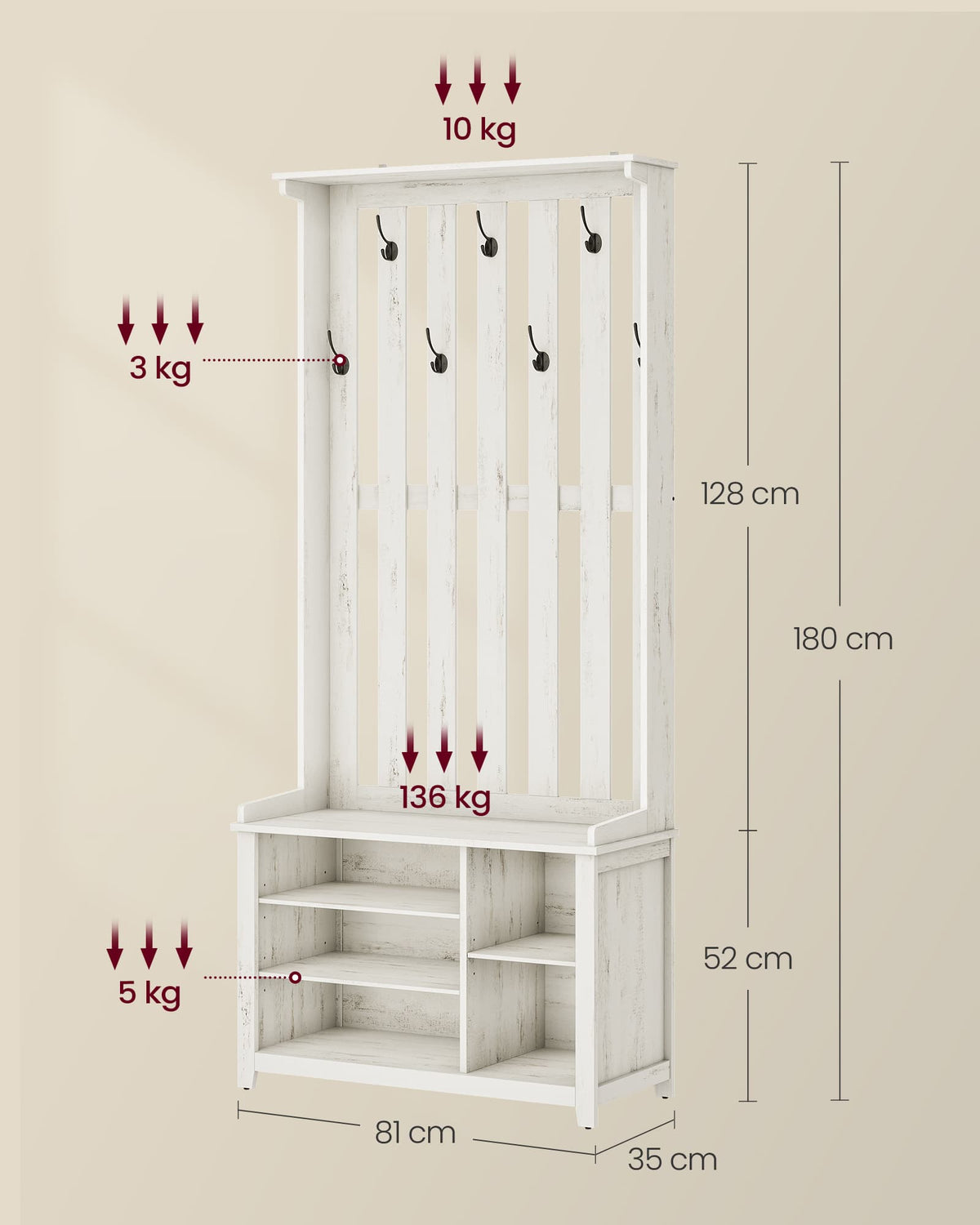 Kapstok met Schoenenbank, Opbergplank en 7 Dubbele Haken, 81 x 180 cm, Wit
