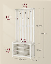 Kapstok met Schoenenbank, Opbergplank en 7 Dubbele Haken, 81 x 180 cm, Wit