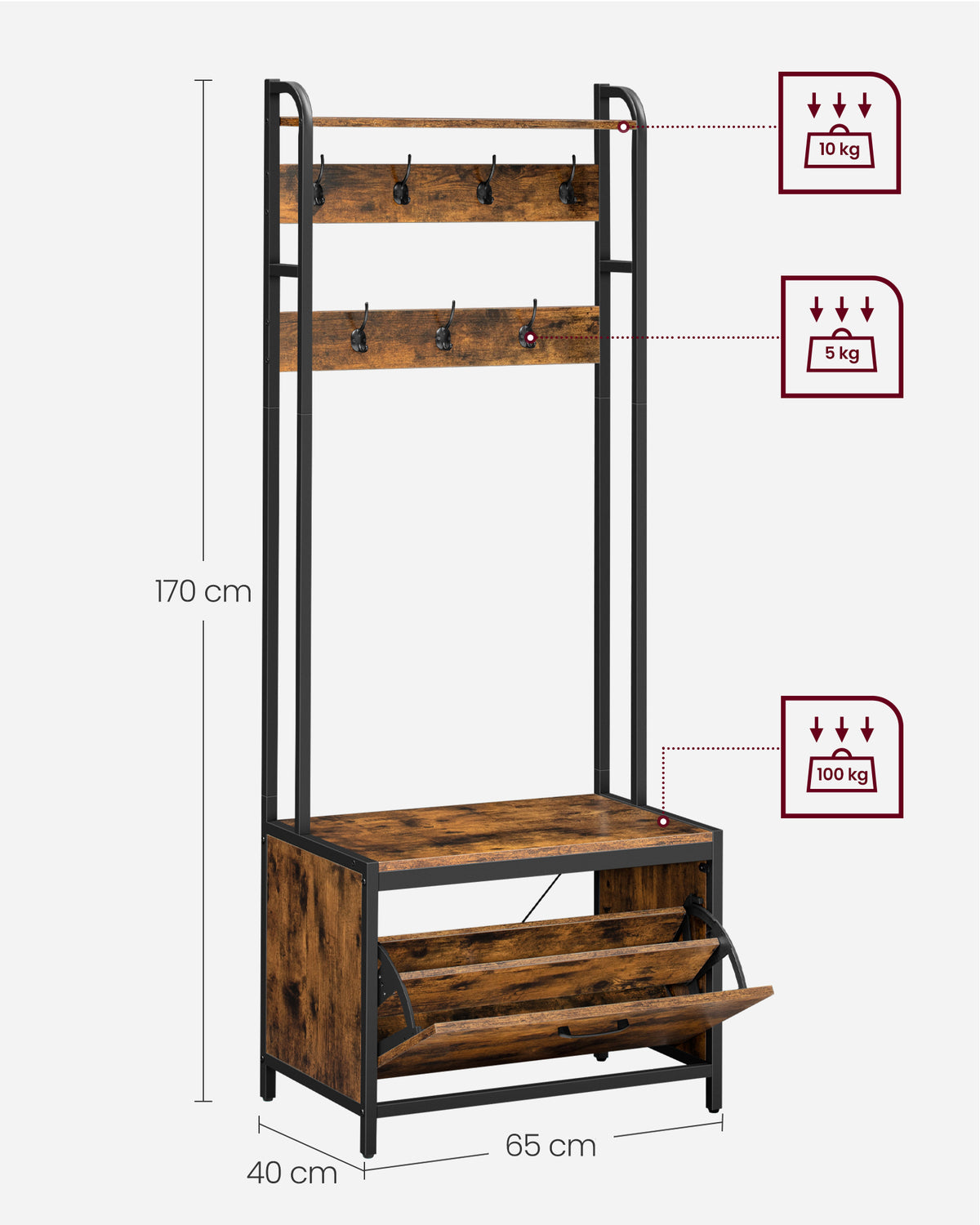 Kapstok met Schoenenkast, Zitbank en 7 Haken, 65 x 170 cm