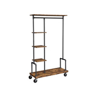 Kledingrek op Wielen met 5 Planken, Metaal in Houtlook, Vintagebruin
