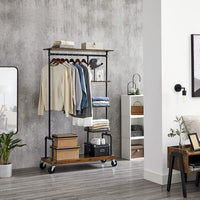 Kledingrek op Wielen met 5 Planken, Metaal in Houtlook, Vintagebruin