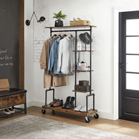 Kledingrek op Wielen met 5 Planken, Metaal in Houtlook, Vintagebruin