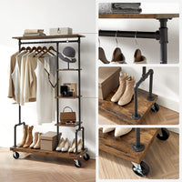 Kledingrek op Wielen met 5 Planken, Metaal in Houtlook, Vintagebruin