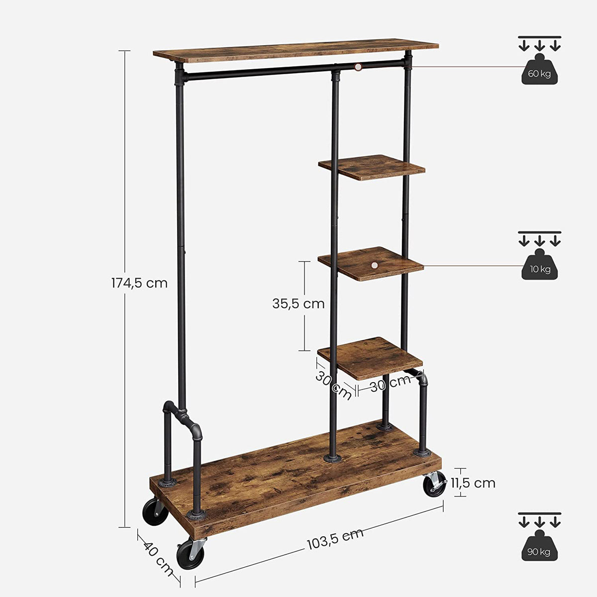 Kledingrek op Wielen met 5 Planken, Metaal in Houtlook, Vintagebruin