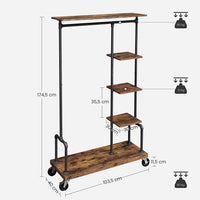 Kledingrek op Wielen met 5 Planken, Metaal in Houtlook, Vintagebruin