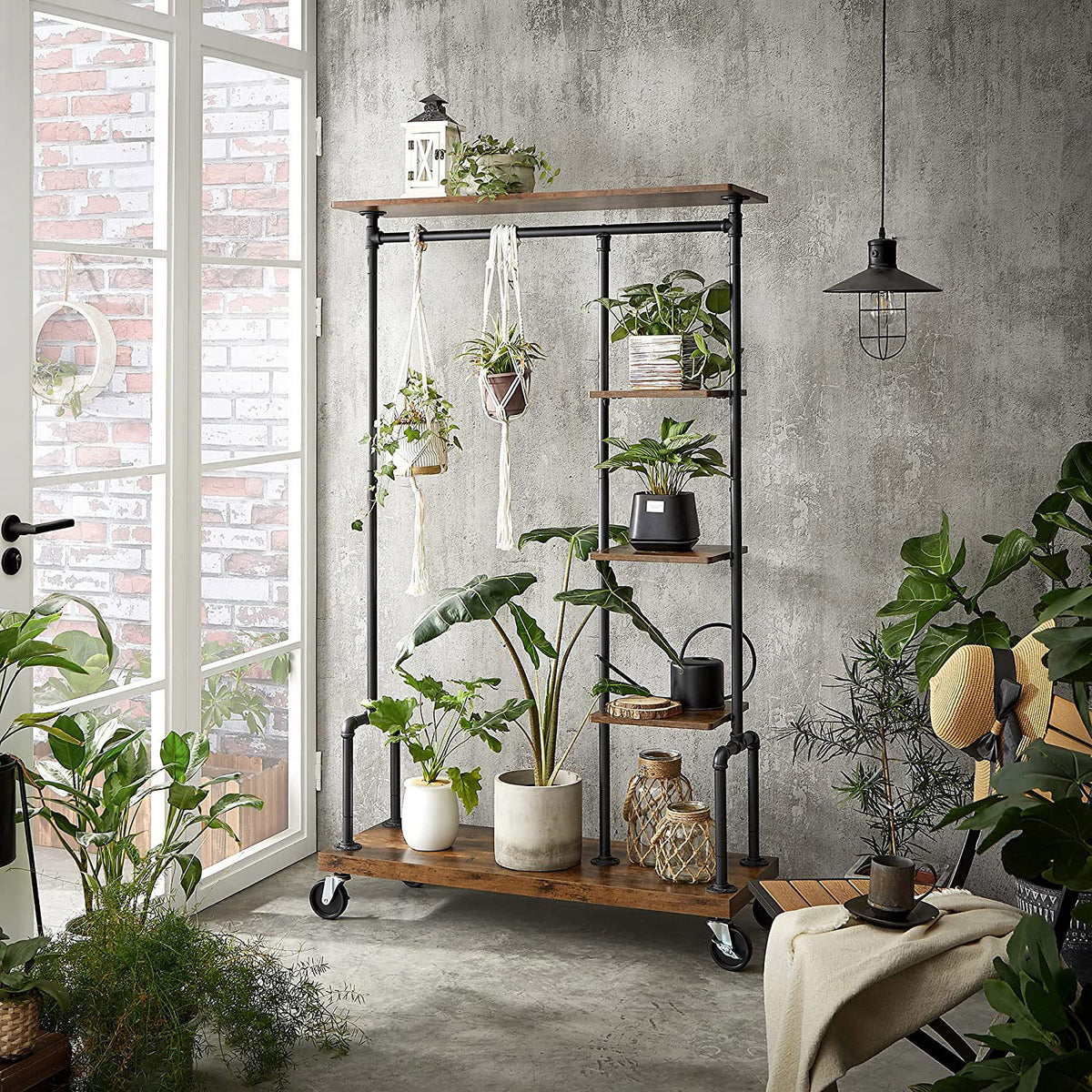 Kledingrek op Wielen met 5 Planken, Metaal in Houtlook, Vintagebruin