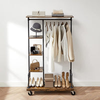 Kledingrek op Wielen met 5 Planken, Metaal in Houtlook, Vintagebruin